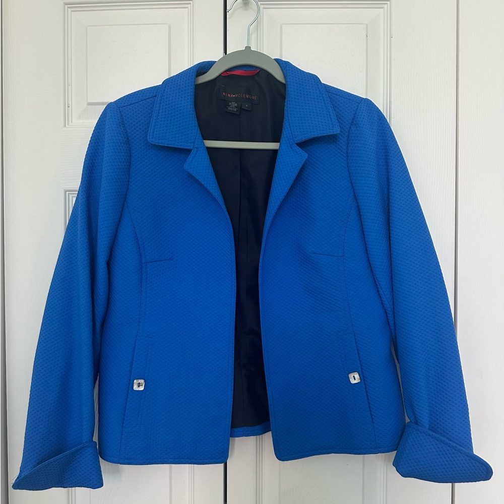 Nina McLemore Blue Diamond Textured Cotton Jacquard Jacket size 6
